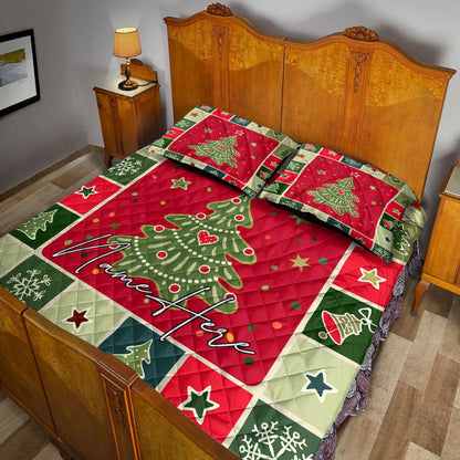 Personalized Christmas Quilt Set, Christmas Patchwork Xmas Tree Winter Quilt Blanket