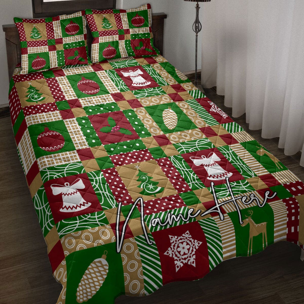 Personalized Christmas Quilt Set, Christmas Patchwork Xmas Winter Quilt Blanket