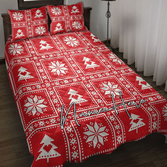 Personalized Christmas Quilt Set, Christmas Pixel Checkered Tree Quilt Blanket