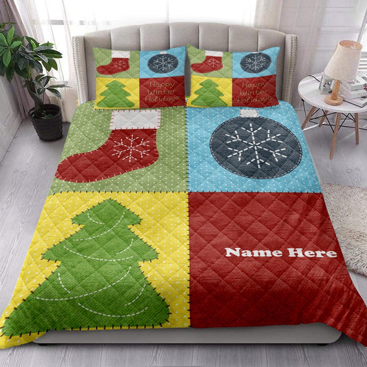 Personalized Christmas Quilt Set, Christmas Tree Patchwork Quilt Blanket