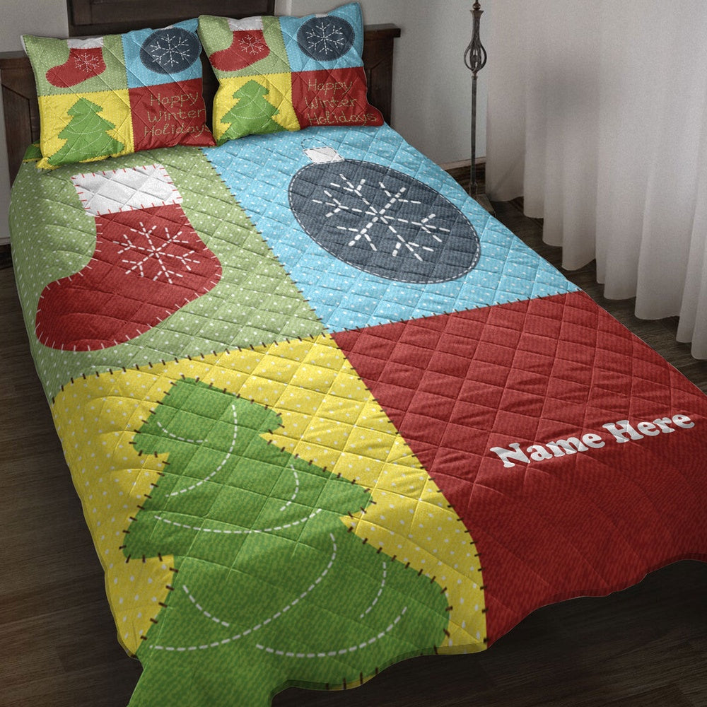 Personalized Christmas Quilt Set, Christmas Tree Patchwork Quilt Blanket