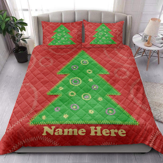 Personalized Christmas Quilt Set, Christmas Tree Patchwork Style Quilt Blanket