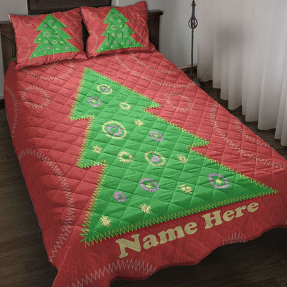 Personalized Christmas Quilt Set, Christmas Tree Patchwork Style Quilt Blanket