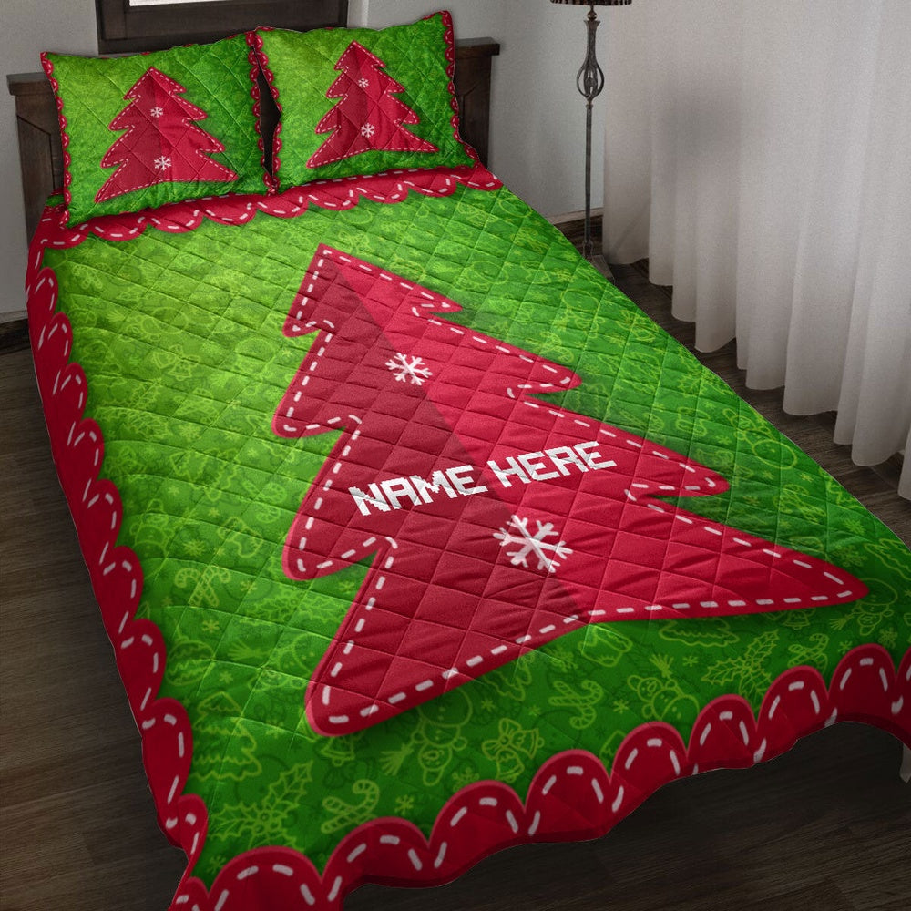 Personalized Christmas Quilt Set, Christmas Tree Red Folded Label Xmas Quilt Blanket