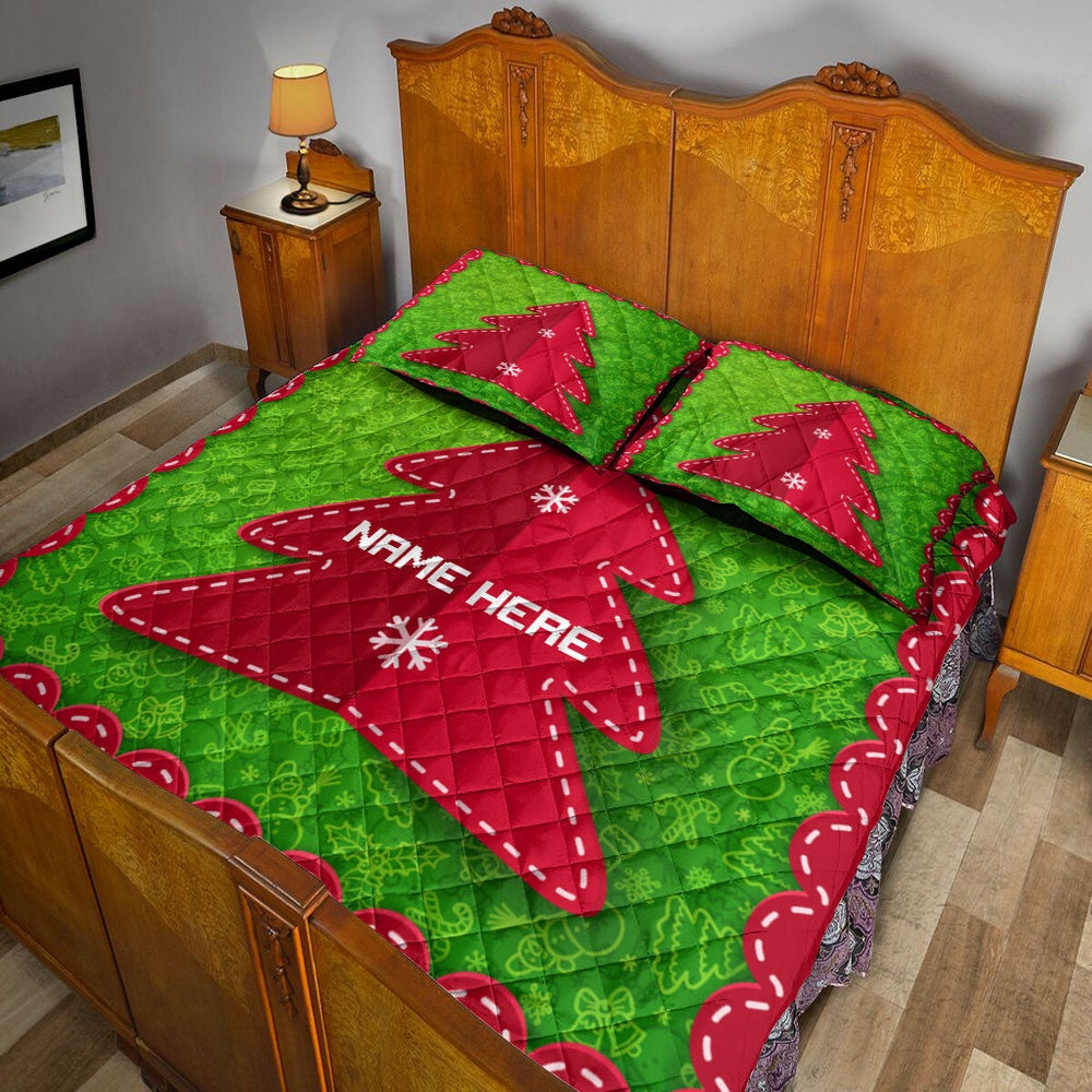 Personalized Christmas Quilt Set, Christmas Tree Red Folded Label Xmas Quilt Blanket