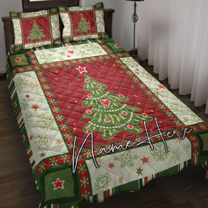 Personalized Christmas Quilt Set, Christmas Tree Snowflakes Patchwork Quilt Blanket