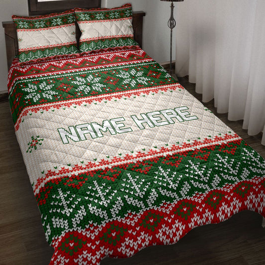 Personalized Christmas Quilt Set, Christmas Ugly Sweater Snowflakes Quilt Blanket