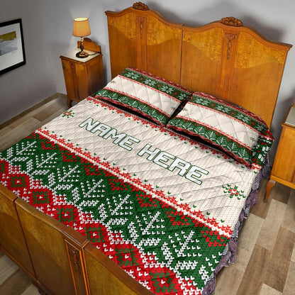 Personalized Christmas Quilt Set, Christmas Ugly Sweater Snowflakes Quilt Blanket