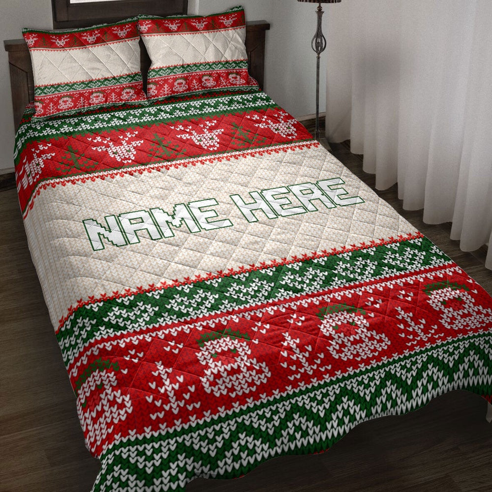Personalized Christmas Quilt Set, Christmas Ugly Sweater Snowman Reindeer Quilt Blanket