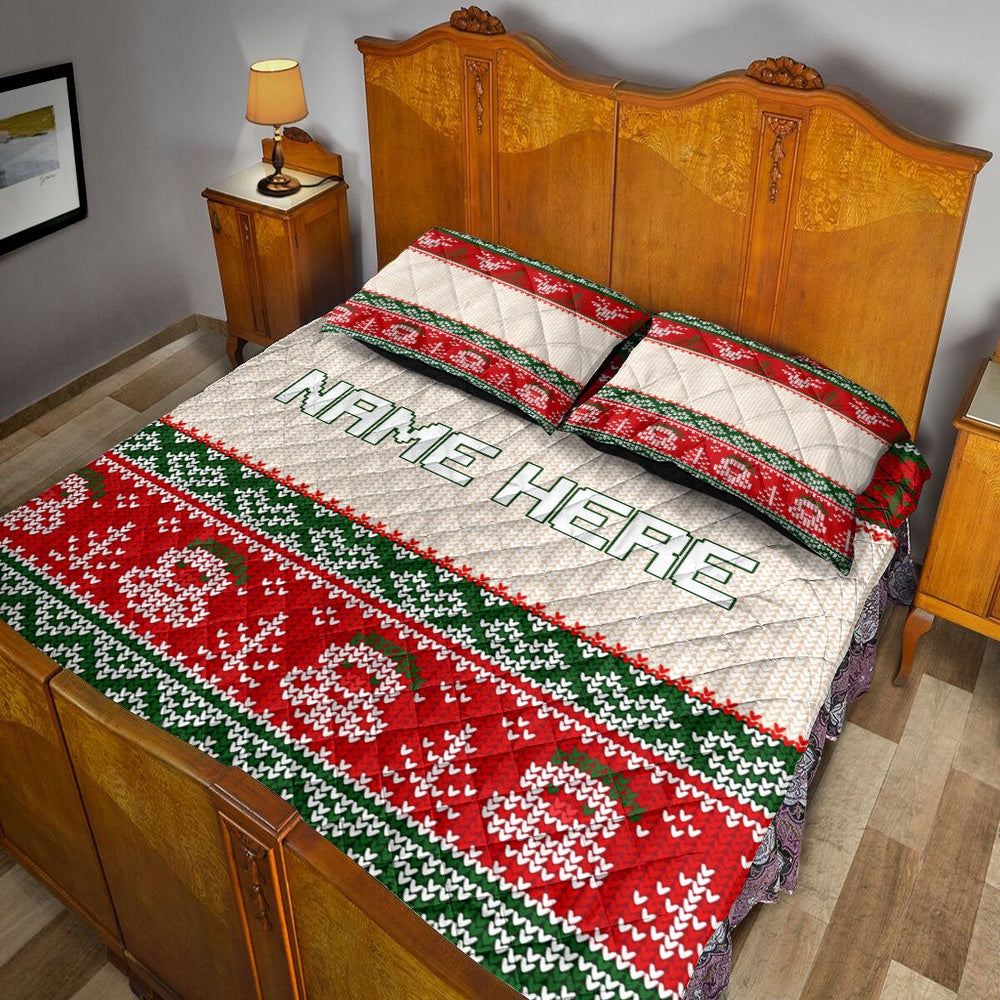 Personalized Christmas Quilt Set, Christmas Ugly Sweater Snowman Reindeer Quilt Blanket