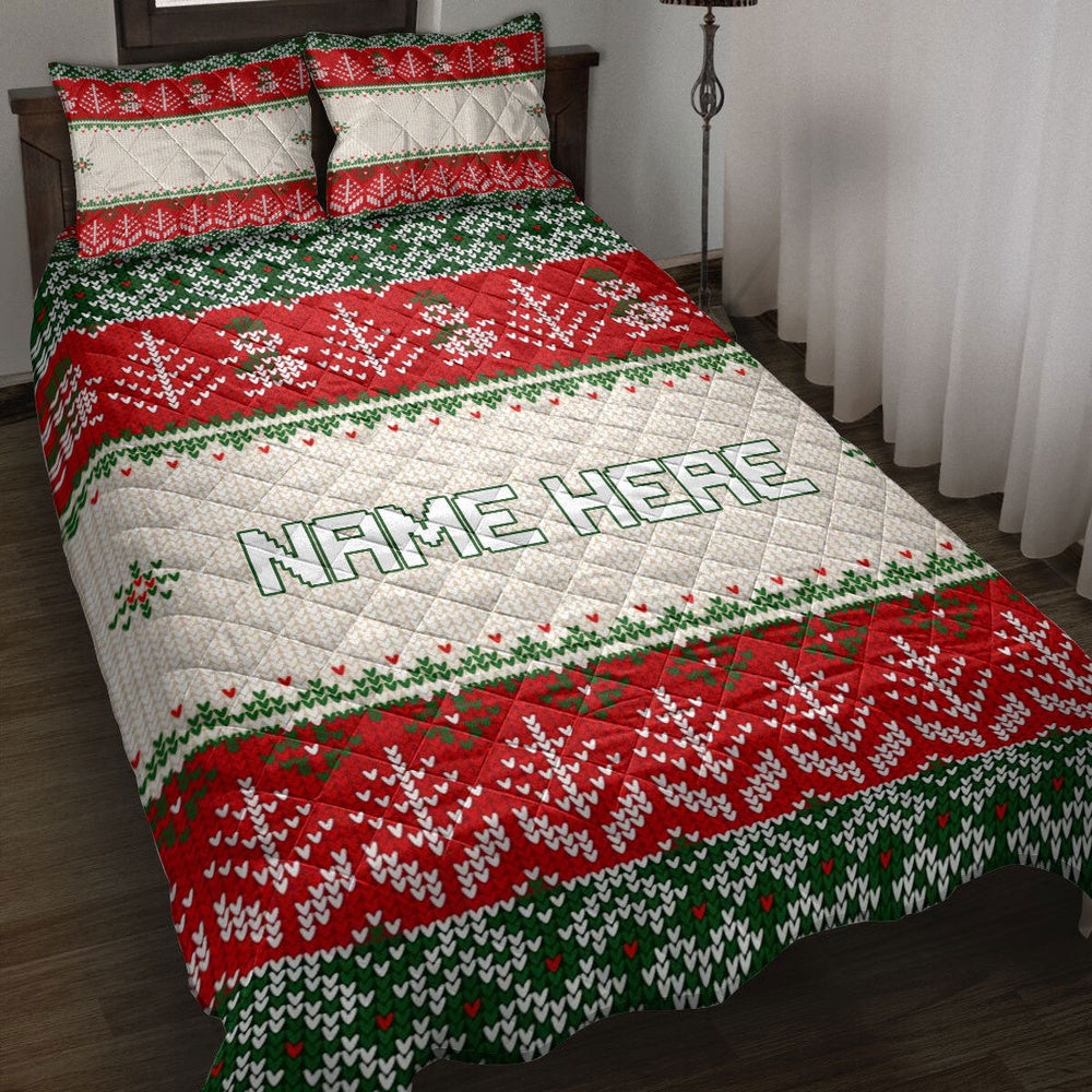 Personalized Christmas Quilt Set, Christmas Ugly Sweater Xmas Tree Holiday Quilt Blanket