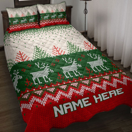 Personalized Christmas Quilt Set, Christmas Ugly Sweater Xmas Tree Reindeer Quilt Blanket
