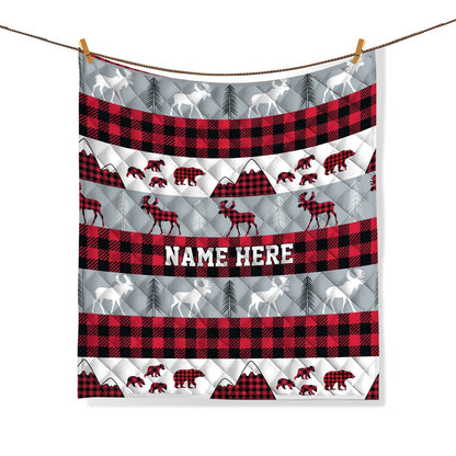 Personalized Christmas Quilt Set, Custom Red Buffalo Plaid Quilt Blanket & Pillowcases, Rustic Moose Bear Quilt Bedding Set