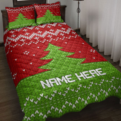 Personalized Christmas Quilt Set, Green Knittedmas Tree Xmas Holiday Quilt Blanket