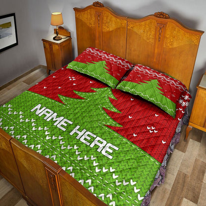 Personalized Christmas Quilt Set, Green Knittedmas Tree Xmas Holiday Quilt Blanket
