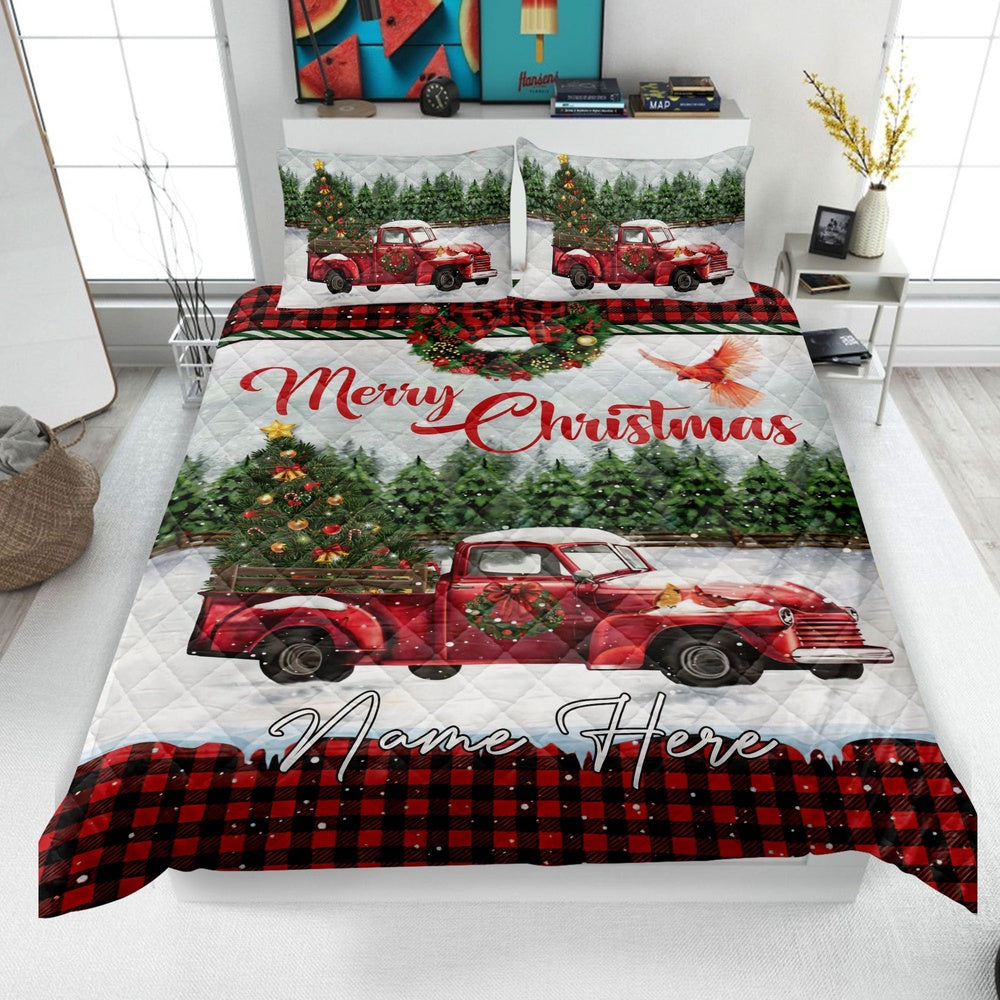 Personalized Christmas Quilt Set, Merry Christmas Quilt Blanket & Pillowcases, Red Truck Quilt Bedding Set
