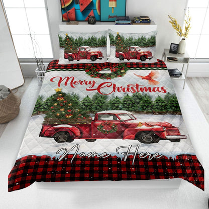 Personalized Christmas Quilt Set, Merry Christmas Quilt Blanket & Pillowcases, Red Truck Quilt Bedding Set
