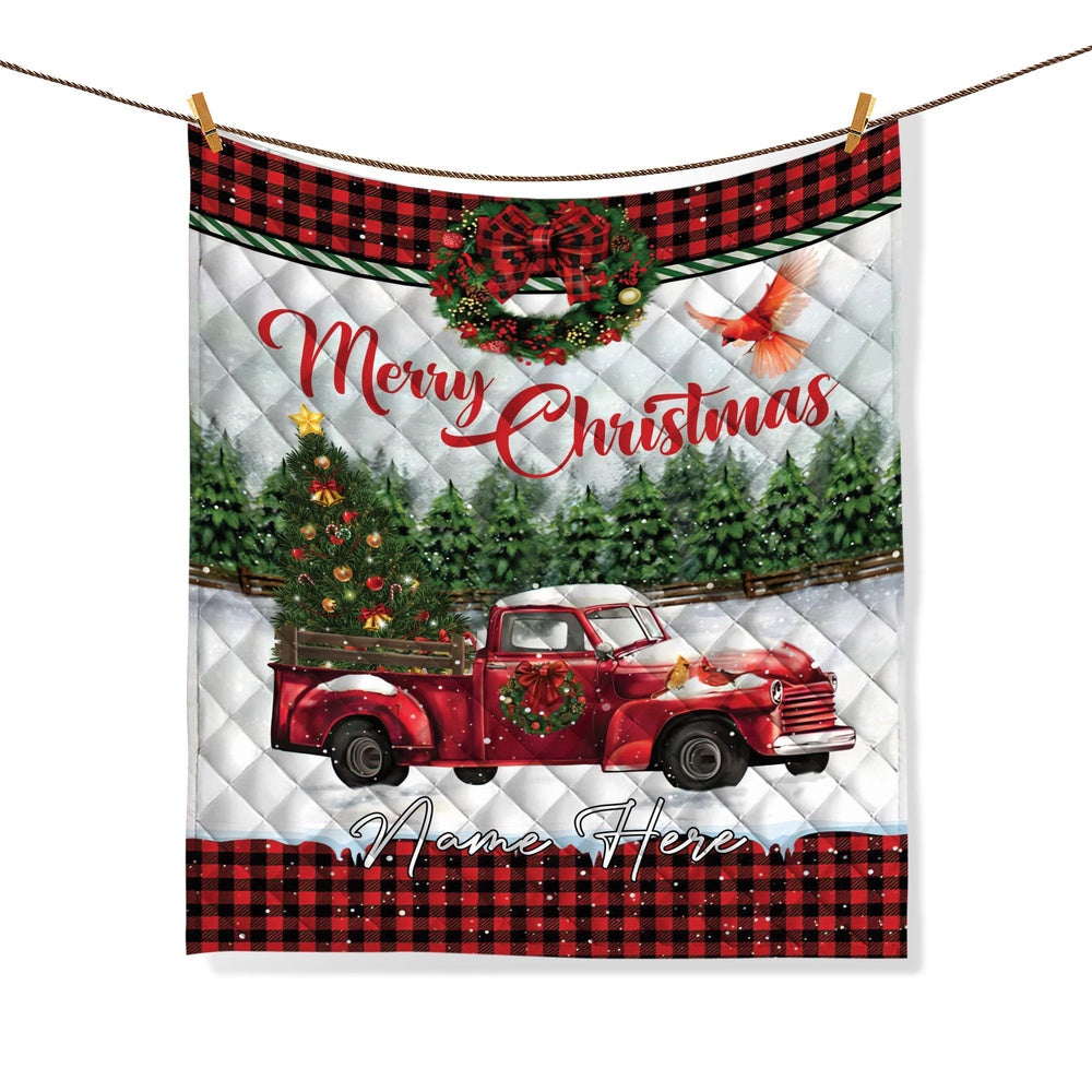 Personalized Christmas Quilt Set, Merry Christmas Quilt Blanket & Pillowcases, Red Truck Quilt Bedding Set