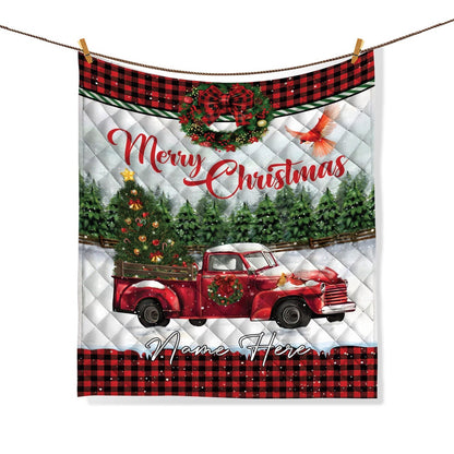 Personalized Christmas Quilt Set, Merry Christmas Quilt Blanket & Pillowcases, Red Truck Quilt Bedding Set