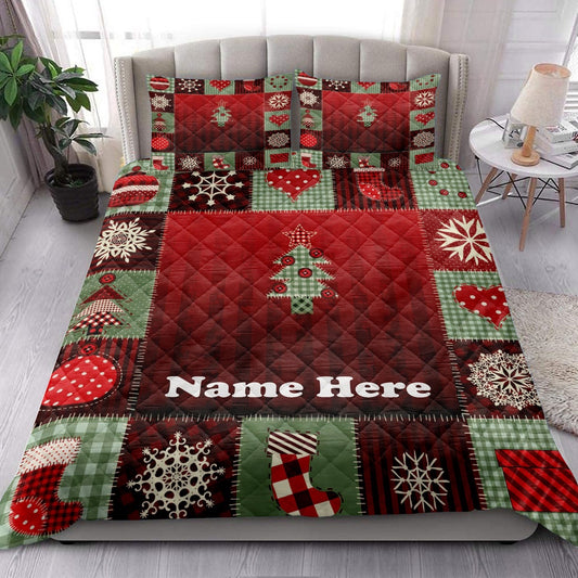 Personalized Christmas Quilt Set, Merrymas Patchwork Red Plaid Quilt Blanket