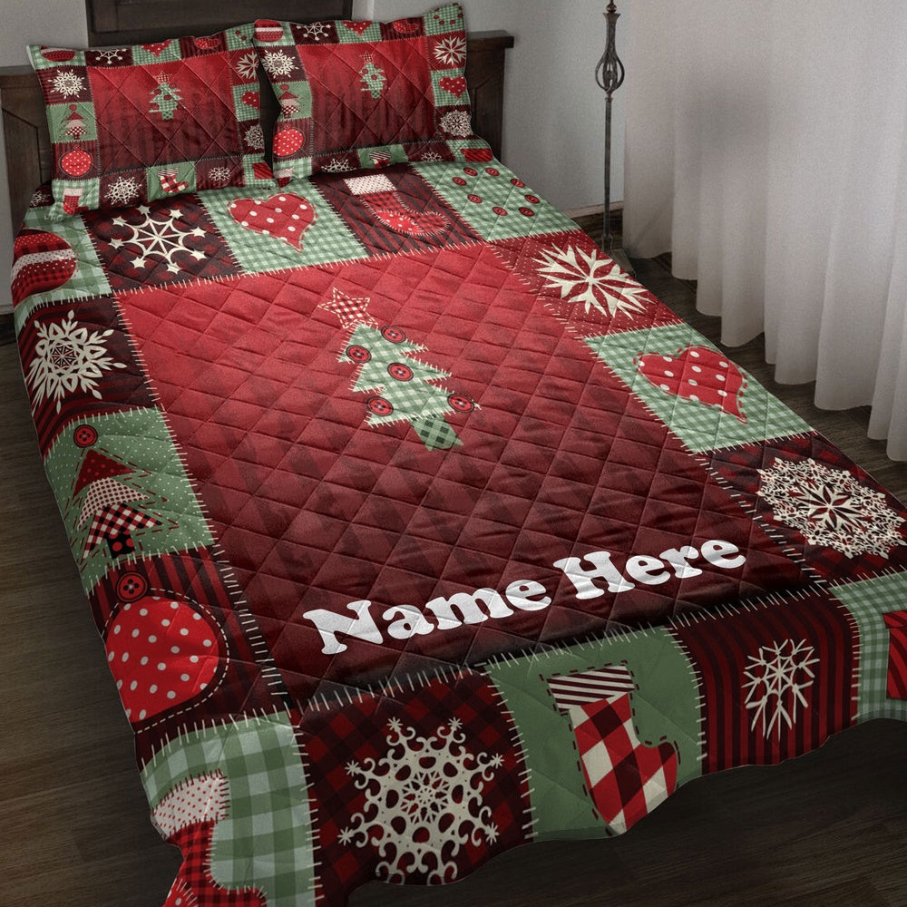 Personalized Christmas Quilt Set, Merrymas Patchwork Red Plaid Quilt Blanket