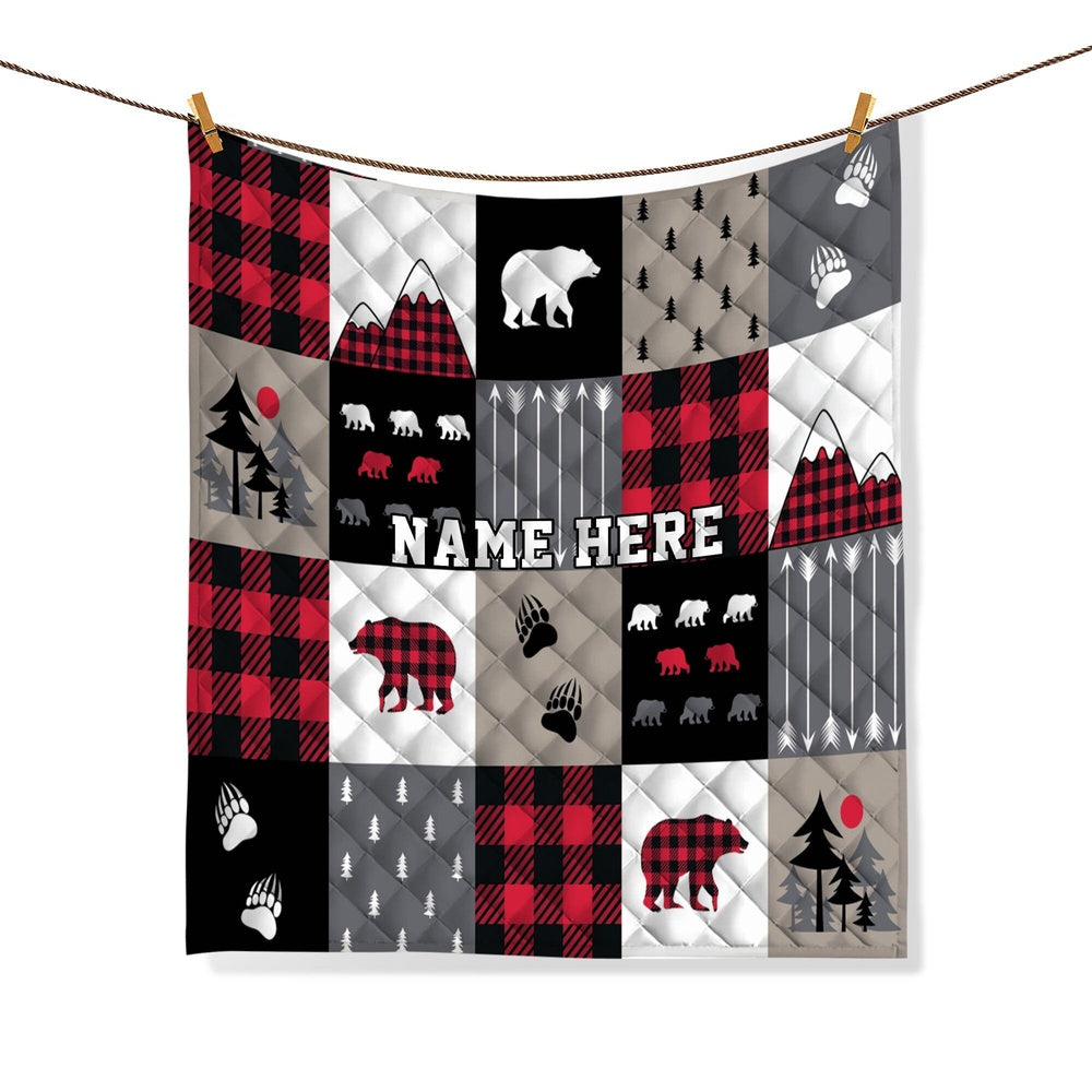 Personalized Christmas Quilt Set, Red Buffalo Plaid Quilt Blanket & Pillowcases, Bear Cabin Quilt Bedding Set