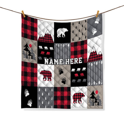 Personalized Christmas Quilt Set, Red Buffalo Plaid Quilt Blanket & Pillowcases, Bear Cabin Quilt Bedding Set