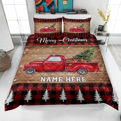 Personalized Christmas Quilt Set, Red Truck Quilt Blanket & Pillowcases
