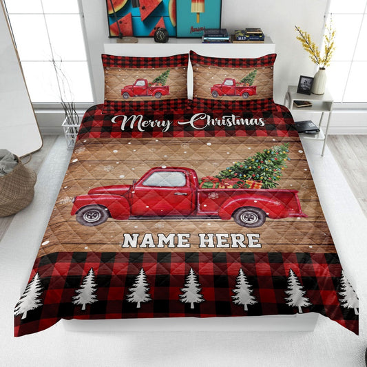 Personalized Christmas Quilt Set, Red Truck Quilt Blanket & Pillowcases
