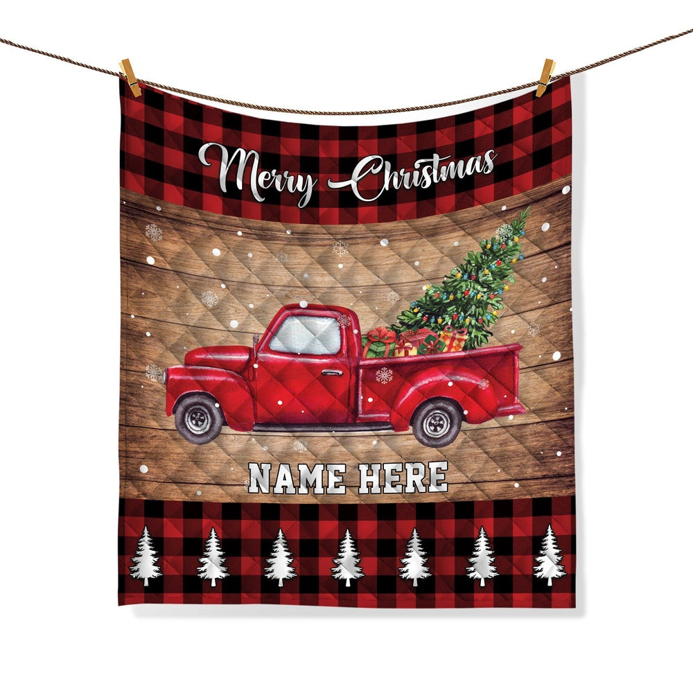 Personalized Christmas Quilt Set, Red Truck Quilt Blanket & Pillowcases