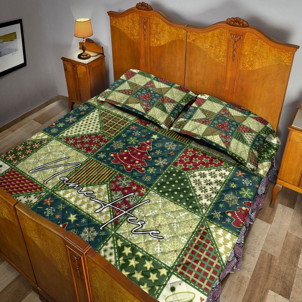 Personalized Christmas Quilt Set, Seamlessmas Patchwork Xmas Quilt Blanket