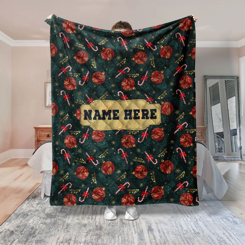 Personalized Christmas Quilt Set, Xmas Candy Cane Quilt Blanket & Pillowcases