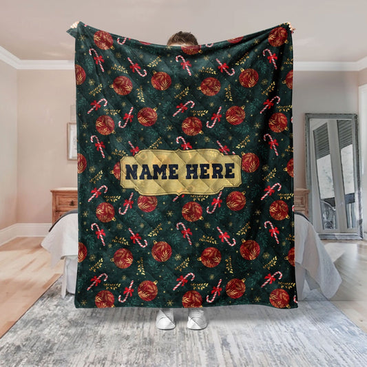 Personalized Christmas Quilt Set, Xmas Candy Cane Quilt Blanket & Pillowcases