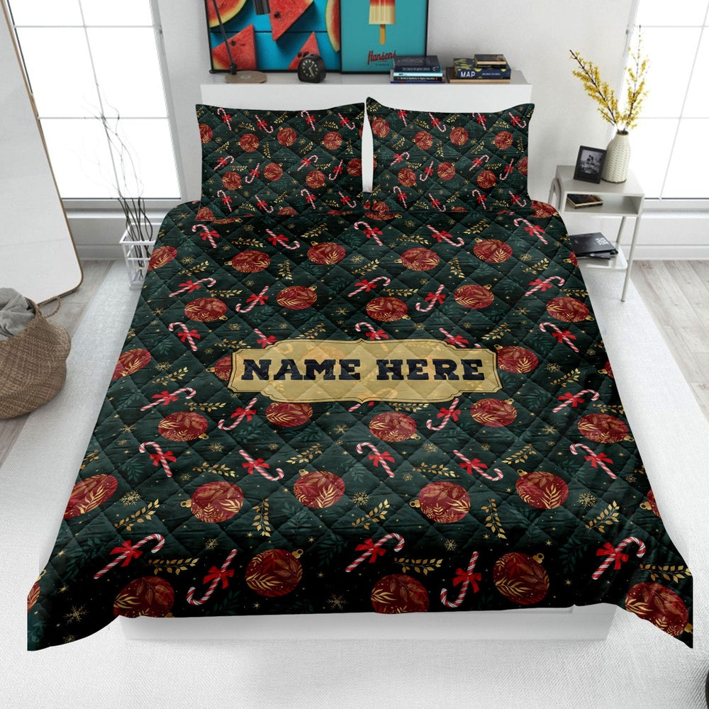 Personalized Christmas Quilt Set, Xmas Candy Cane Quilt Blanket & Pillowcases