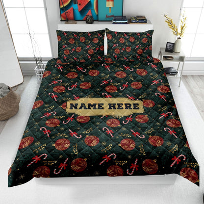 Personalized Christmas Quilt Set, Xmas Candy Cane Quilt Blanket & Pillowcases