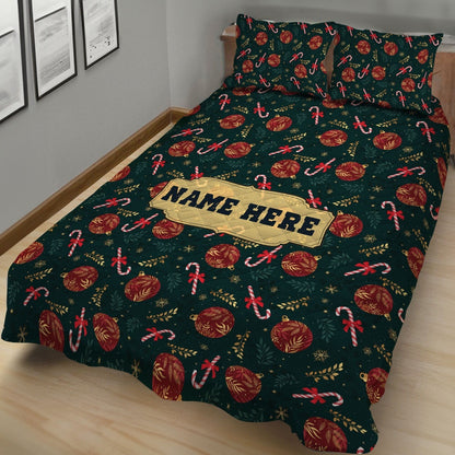 Personalized Christmas Quilt Set, Xmas Candy Cane Quilt Blanket & Pillowcases