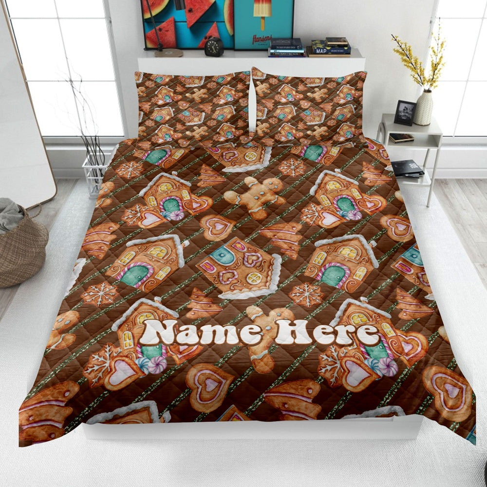 Personalized Christmas Quilt Set, Xmas Gingerbread Quilt Blanket & Pillowcases
