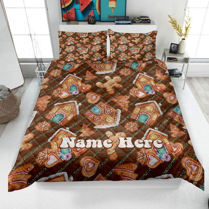 Personalized Christmas Quilt Set, Xmas Gingerbread Quilt Blanket & Pillowcases