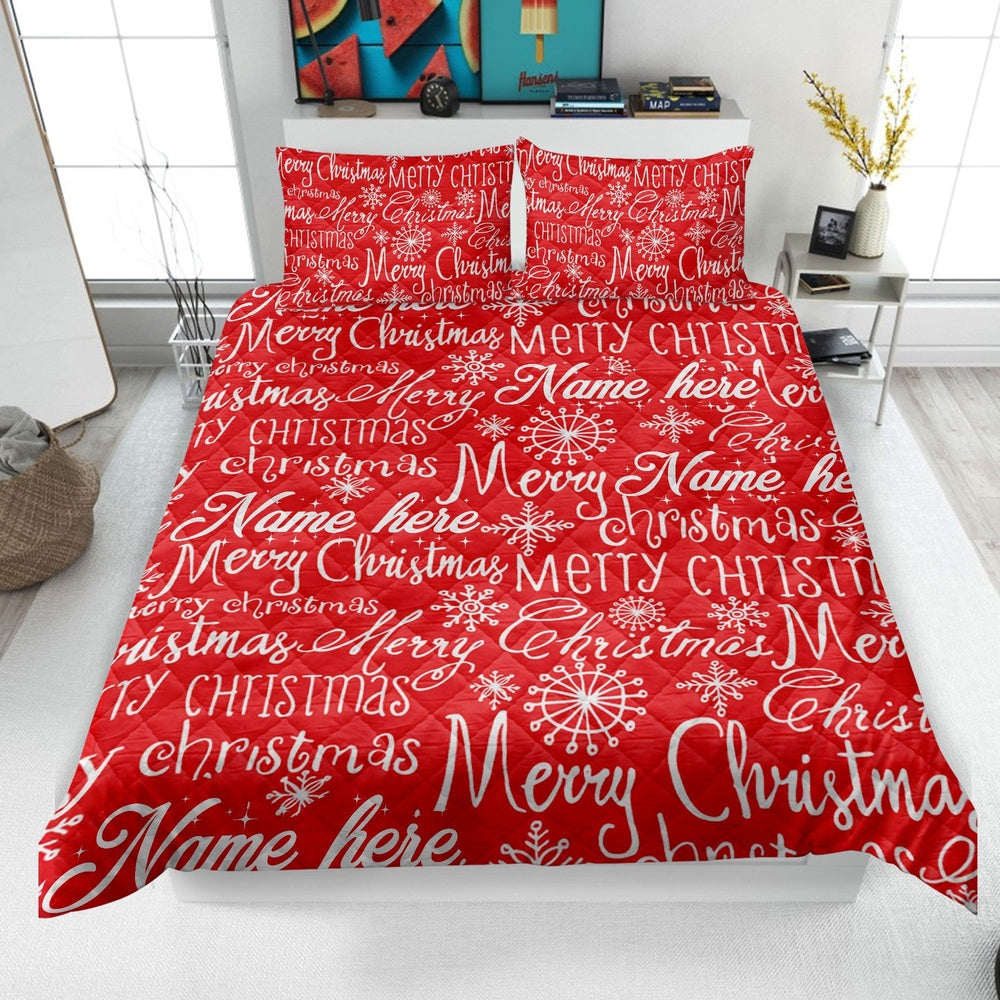 Personalized Christmas Quilt Set, Xmas Holiday Merry Christmas Quilt Blanket & Pillowcases