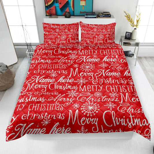 Personalized Christmas Quilt Set, Xmas Holiday Merry Christmas Quilt Blanket & Pillowcases
