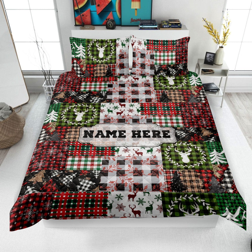 Personalized Christmas Quilt Set, Xmas Holiday Patchwork Pattern Quilt Blanket & Pillowcases