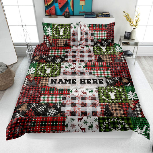 Personalized Christmas Quilt Set, Xmas Holiday Patchwork Pattern Quilt Blanket & Pillowcases