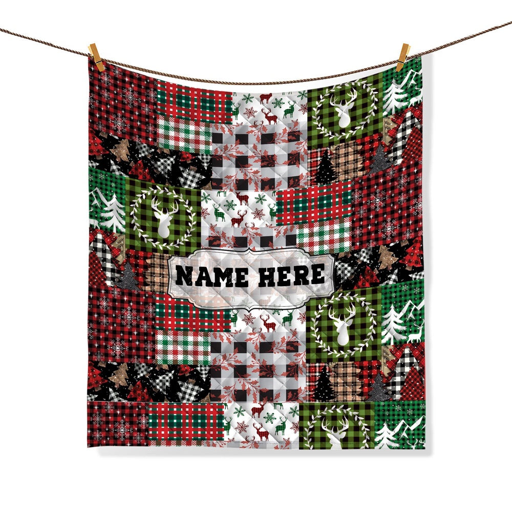 Personalized Christmas Quilt Set, Xmas Holiday Patchwork Pattern Quilt Blanket & Pillowcases