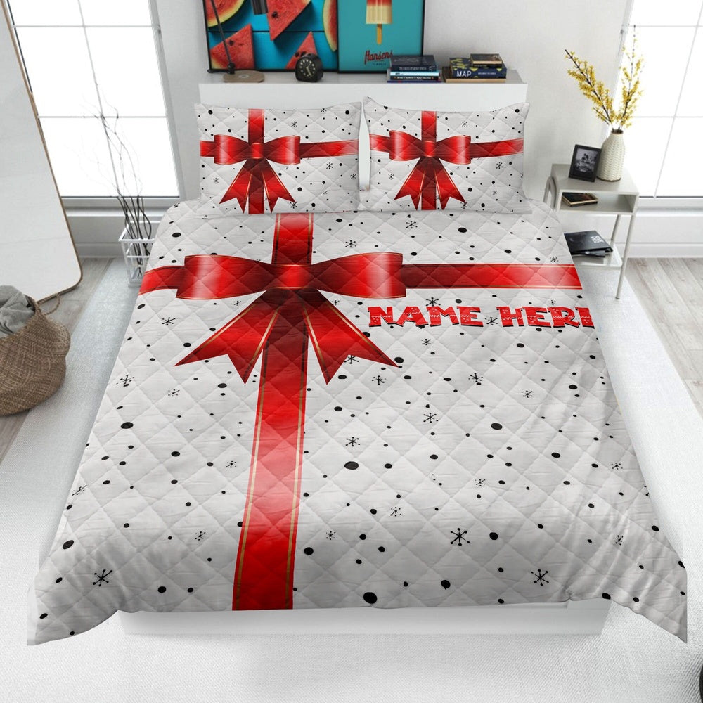 Personalized Christmas Quilt Set, Xmas Holiday Pattern Quilt Blanket & Pillowcases