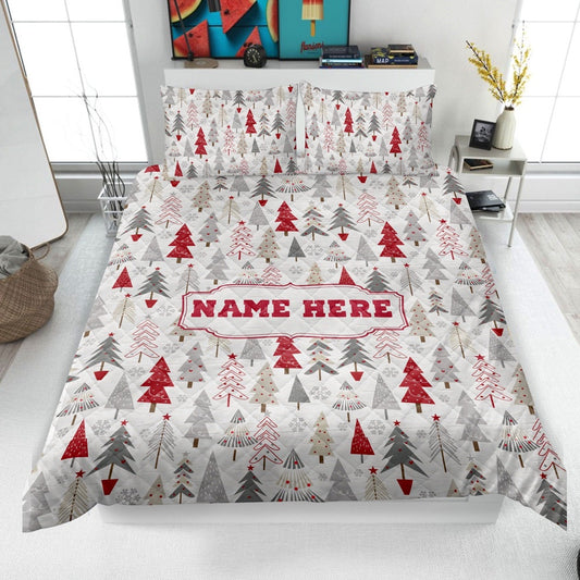 Personalized Christmas Quilt Set, Xmas Holiday Pine Tree Quilt Blanket & Pillowcases