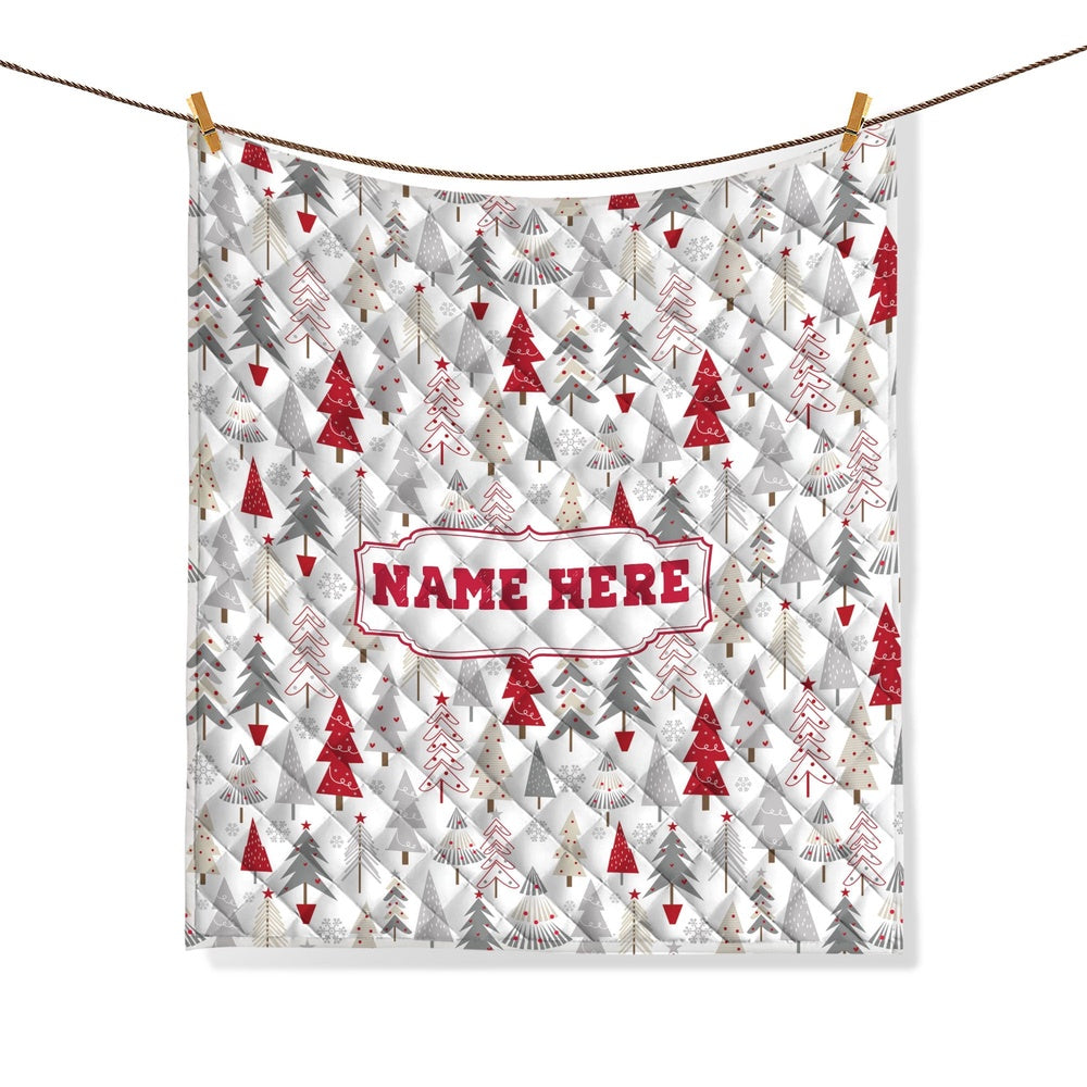 Personalized Christmas Quilt Set, Xmas Holiday Pine Tree Quilt Blanket & Pillowcases