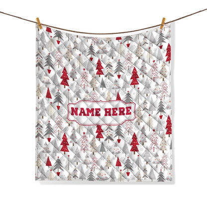 Personalized Christmas Quilt Set, Xmas Holiday Pine Tree Quilt Blanket & Pillowcases