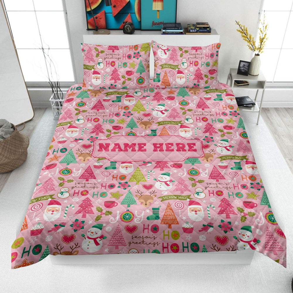 Personalized Christmas Quilt Set, Xmas Holiday Pink Pattern Quilt Blanket & Pillowcases