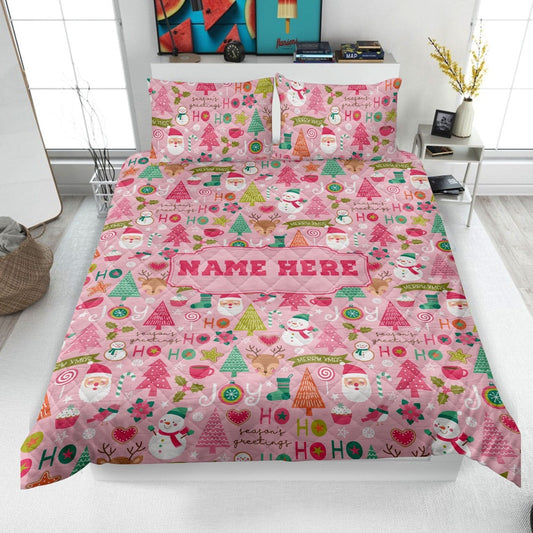 Personalized Christmas Quilt Set, Xmas Holiday Pink Pattern Quilt Blanket & Pillowcases