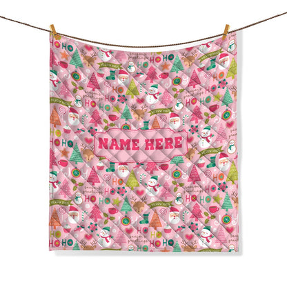 Personalized Christmas Quilt Set, Xmas Holiday Pink Pattern Quilt Blanket & Pillowcases